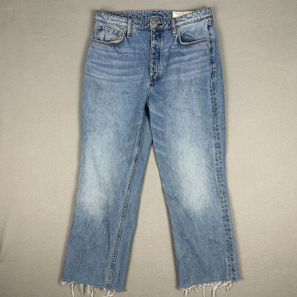 Rag & Bone Womens Size 32 Alex High Rise Straight Fit Jeans Lucy Blue Raw Hem